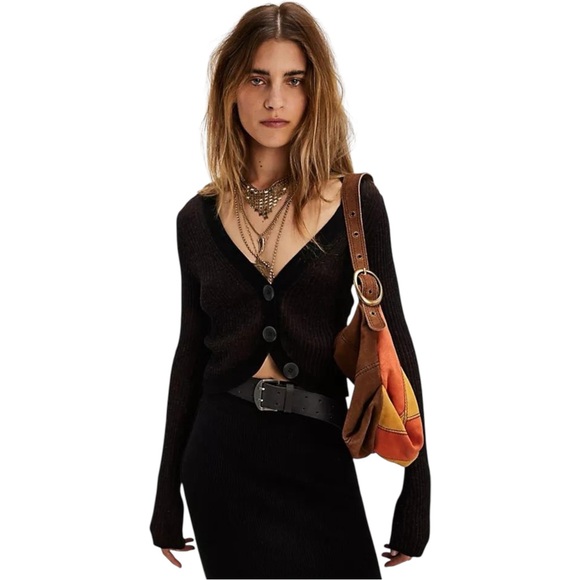 NWT FREE PEOPLE Market Street Brown / Black Ribbed Cropped Cardigan Size XS - Picture 1 of 8